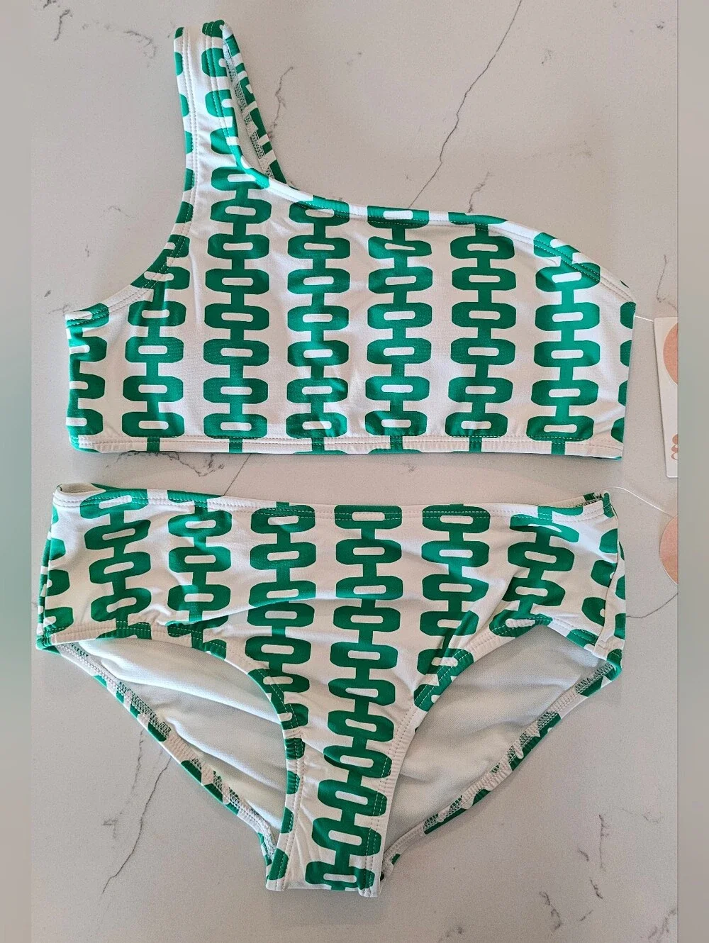GB Green Link-Print One-Shoulder Girls' Bikini 2 Piece Swim Suit. Size 14 NWT